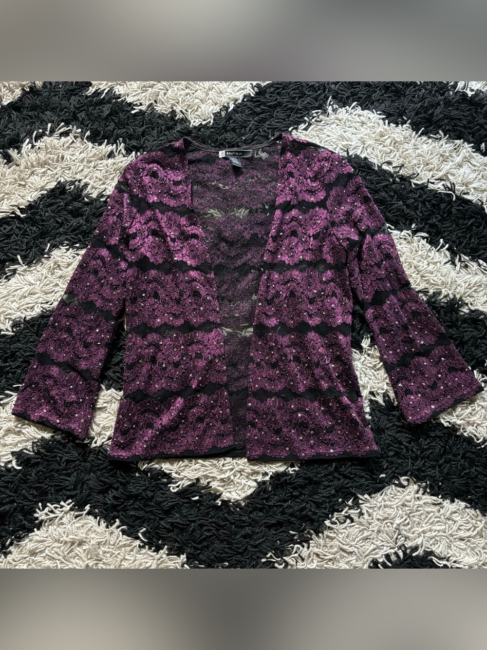 Whimsygoth Beaded Floral Purple Black Semi Sheer 3/4 Sleeve Open Cardigan